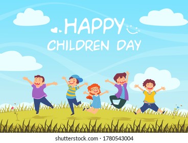 International children day, children jumping on summer meadow, nature background, colorful illustration Free Vector