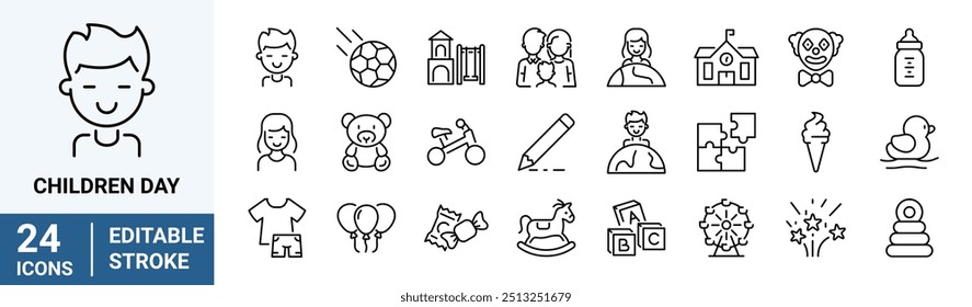 International children day web line icons. child care, kid rights, parenthood. Outline icon collection. Editable stroke. Vector illustration