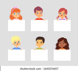 International children are holding blank posters. Cartoon pretty little kids portraits. Template ready for your message with space for text. Funny cartoon characters collection. Vector illustration