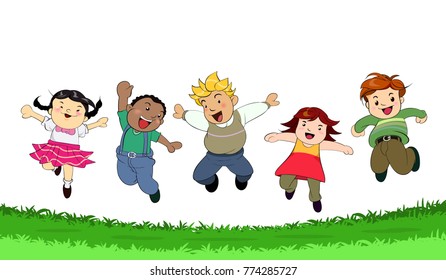 International children jumping together on grass 