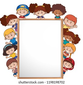 International children and whiteboard template illustration