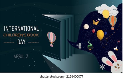 Día Internacional del Libro Infantil. 2 de abril. Concepto de imaginación. Plantilla para fondo, banner, tarjeta, afiche con inscripción de texto. Ilustración del vector EPS10