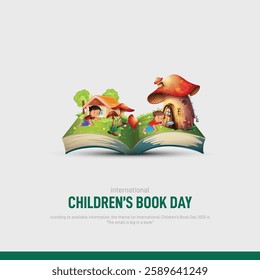 international children's book day creative banner, poster, social media post, postcard, background, backdrop, template, web banner, cover design etc. The small is big in a book.