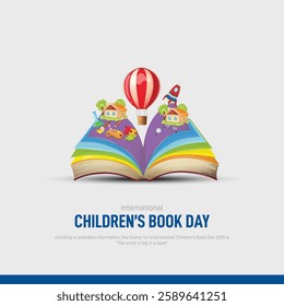 international children's book day creative banner, poster, social media post, postcard, background, backdrop, template, web banner, cover design etc. The small is big in a book.