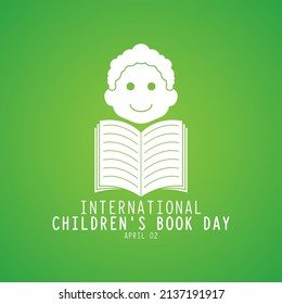 International children's book day design background. Smiling child and book icon on green background. April 02. Poster or banner.