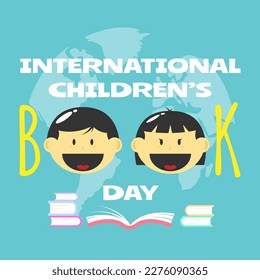 International Children's Book Day greeting with text in front of the globe. Suitable for education events