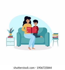 International Children's Book Day. A mother reads a book to a child. Family in the home interior. Vector illustration with people in a flat style.