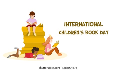 International children's book day on 2 April concept : multi-ethnic kids reading book with giant book pile. Vector illustration. Flat design