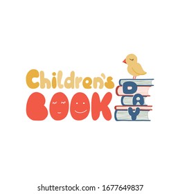 International Children's Book Day. A Pile Of Books And A Birdie On Them. 