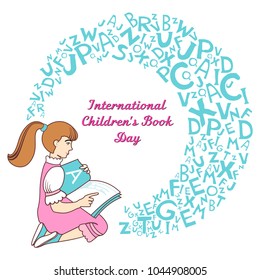 International Children's book day poster. April 2 calendar.  Cute girl with book. Vector illustration.