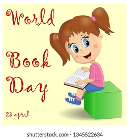 International Children's book day poster. Cute girl with a pile of books.