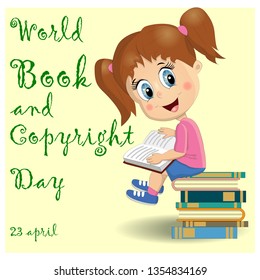 International Children's book day poster. Cute girl with a pile of books.