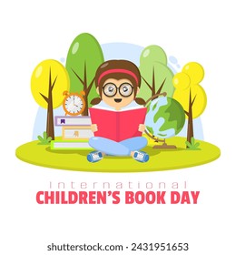 International Children's Book Day poster with a girl sits reading a book in the yard