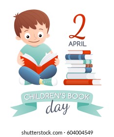 International Children's Book Day Poster. A Boy Reading Next To A Pile Of Books. Vector Illustration.