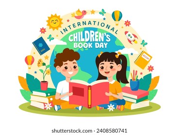 International Children's Book Day Vector Illustration on 2 April with Kids Reading a Books and Globe Map in Flat Cartoon Background Design