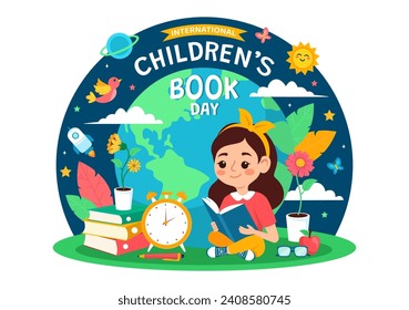 Ilustración de vectores del Día Internacional del Libro Infantil el 2 de abril con niños leyendo libros y mapas de globo en diseño de fondo de caricatura plana