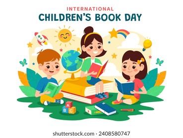 International Children's Book Day Vector Illustration on 2 April with Kids Reading a Books and Globe Map in Flat Cartoon Background Design