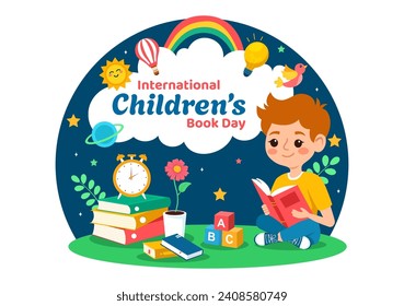 International Children's Book Day Vector Illustration on 2 April with Kids Reading a Books and Globe Map in Flat Cartoon Background Design