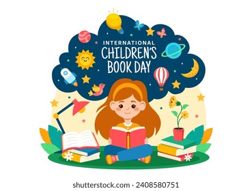 International Children's Book Day Vector Illustration on 2 April with Kids Reading a Books and Globe Map in Flat Cartoon Background Design