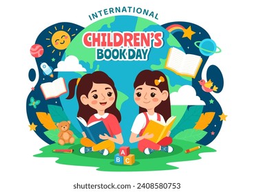 International Children's Book Day Vector Illustration on 2 April with Kids Reading a Books and Globe Map in Flat Cartoon Background Design