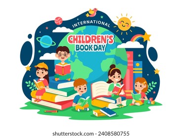 International Children's Book Day Vector Illustration on 2 April with Kids Reading a Books and Globe Map in Flat Cartoon Background Design