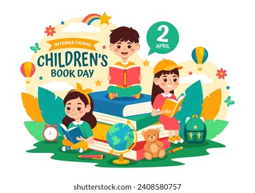 International Children's Book Day Vector Illustration on 2 April with Kids Reading a Books and Globe Map in Flat Cartoon Background Design