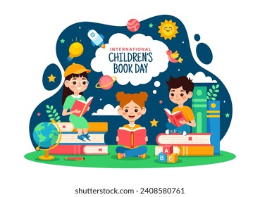 International Children's Book Day Vector Illustration on 2 April with Kids Reading a Books and Globe Map in Flat Cartoon Background Design