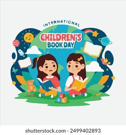 International Children's Book Day Vector Illustration on 2 April with Kids Reading a Books and Globe Map in Flat Cartoon Background Design
