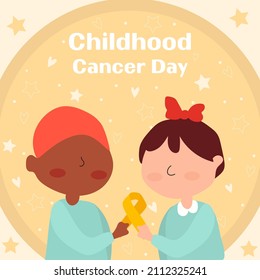 International Children's Cancer Day, little cute kids in a headband holding a yellow ribbon