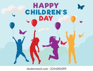 international Children's day with 4 kids silhouette.