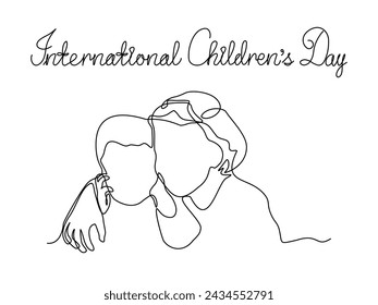 International Children's Day.  Abstract boy and girl, brother and sister, siblings,continuous single line art drawing sketch