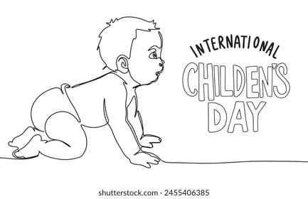 International Children's Day art banner. One line continuous baby crawls. Hand drawn vector art.