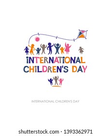 Día Internacional del Niño. Diseño plano multicolor brillante de logo social. Las coloridas siluetas de alegres ilustraciones infantiles para el Feliz Día del Niño. Inscripción de vectores y niños graciosos.
