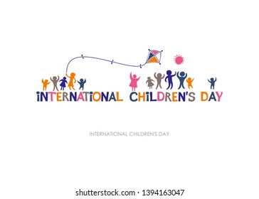 International Children's Day. Bright multicolored flat design of Horizontal banner. Colorful silhouettes of joyful playing kids illustration to the Happy Children's Day. Vector inscription and funny k