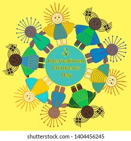 International Children's Day card. Children of different ethnicity and nationalities around the earth holding hands. Cartoon images of children's drawings. Greeting label to celebrate Childrens Day