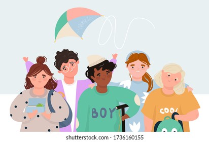 International Children's Day. 
Cheerful friends teens and kite flying. Flat vector illustration with modern children in trendy clothes with backpacks, electro scooter and container for food.