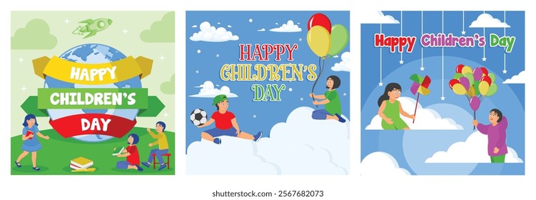 International Children's Day. Children are playing together. They played with balls, balloons and windmills. Children's Day. Set flat vector illustration.