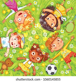 International Children's Day or Earth Day. Children lie on the meadow. Camera Angle downward. Funny cartoon character. Vector illustration