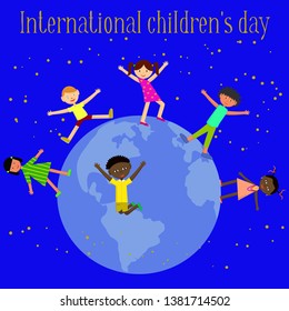 International children's day. Flat images of different children on planet Earth. Different children jump and dance on their planet.