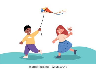 International Children's Day. Happy child runs, flying a kite in the air while chasing a child running with an origami paper windmill