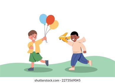 International Children's Day. Happy child runs, piloting a toy aircraft in the air while chasing a child running with a floating balloon. 