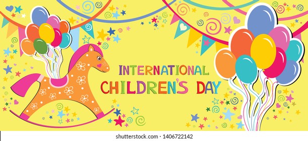 International childrens day. Happy Children day greeting card. Kids day poster. 1 june. Image with text. Congratulatory inscription. Multicolored toys, children's items. Vector Illustration