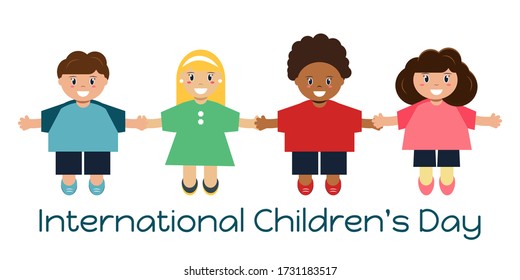 International Children's Day. Happy children with different nationalities hold hands. Vector illustration in flat style