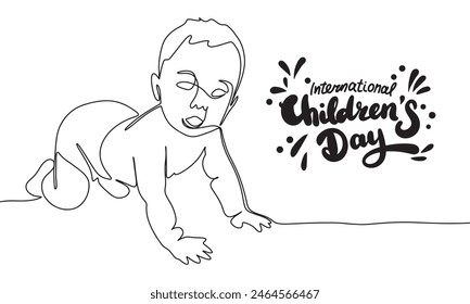 International Children's Day holiday text banner. Baby line art. Hand drawn vector art.
