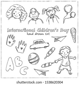 International childrens day icon set Hand drawn vector illustration isolated on white background.