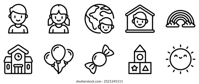 International Childrens Day Icon Set Playful Line Style Collection for Celebrating Youth (Coleção de estilos para celebrar a juventude do Dia Internacional das Crianças)