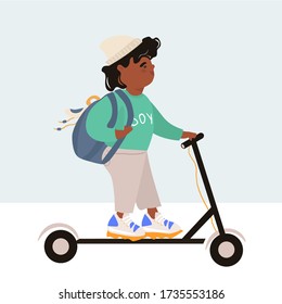 International Children's Day. Modern children. Afro american boy in trendy clothes with a backpack rides an electric scooter. Bright vector flat illustration in cartoon style.