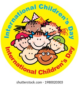 International Children's Day, portrait of girls and boys, yellow circle background, vector funny illustration, crowd od heads of happy kids.