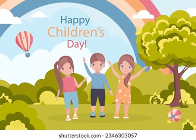 International Children's Day. Ready template for printing. Happy children in the park play under the rainbow.