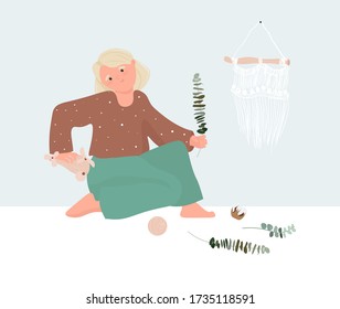 International Children's Day. Scandinavian girl playing with wooden toys and eucalyptus. Montessori parenting, minimalism. Pleasant vector illustration in cartoon style.